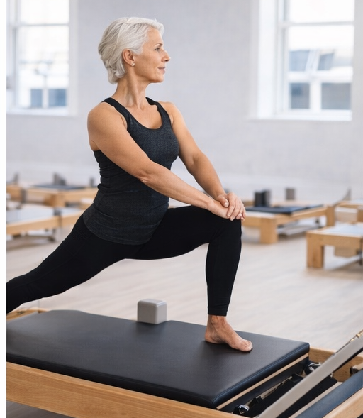 Woman performing a reformer Pilates movement