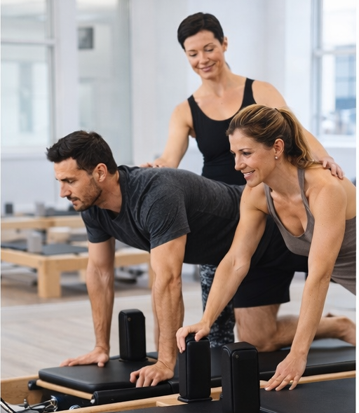 Instructor coaching two clients on reformers